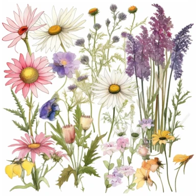 Create a clipart collection featuring a variety of wildflowers found in meadows and fields. Include flowers like daisies, poppies, and lavender. Use a range of colors to bring out the diversity of these flowers, and incorporate light washes and splatters to give the clipart a free and organic feel. white background