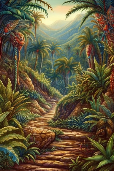 realistic clipart of aztec enchanted landscape, digital painting