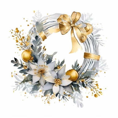 whimsical watercolour boho gold and silver clip art Christmas wreath decorated with small gifts, watercolor, splatters, white background, 32k