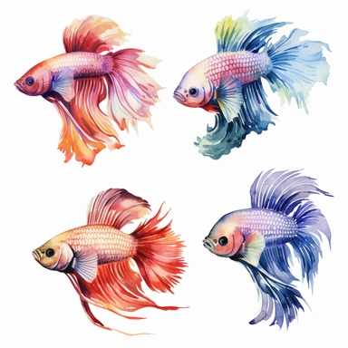 betta fish watercolor clipart set, white background with margins