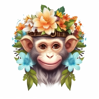 Cute Beautiful Happy Face Monkey Flowers On Head Full Body Clipart,Cartoon, hyper realistic, intricate detail, illustration style,high solution,on the white background