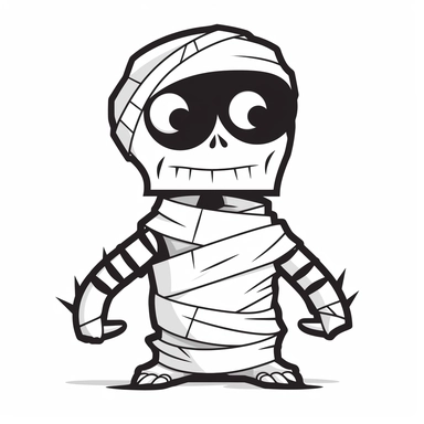 black and white silhouette of a halloween cartoon mummy, clipart style, white background, thick lines, vector, simple design, flat colour, solid colour