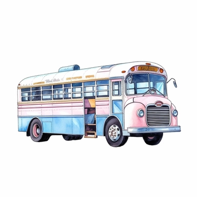 isolated illustration on a white background, a school bus side view , Clipart, watercolor, realistic, fussy cuts, hdr, 32K, photo expert quality, watercolor realistic, hyperrealistic and highly detailed , soft pastel pink and blue colors, girly romantic style--no shadow