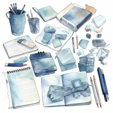 watercolor, hyper realistic, no background, have margins, 8k, ultra detailed clipart, no text, no logo, no trademark a notepad and a collection of sticky notes with soft blue accents, ready to use for jotting down ideas and reminders