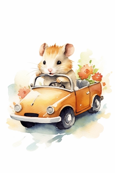 Create a watercolor clipart picture of a hamster driving a car, white background. The hamster should have a cute and happy expression, with its fur depicted in soft watercolor textures. Surround the hamster with small flowers and greenery, adding a whimsical touch to the scene.