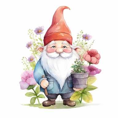 super adorable clipart of garden gnome, watercolour, white background, clean lines, pastel colours v-- 4