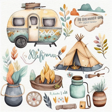 Watercolor boho camping illustrations clipart set, simple, soft colors, cartoon elements, different variants, cute little boy, tent, campervan, camping related items, pots, bonfire, , separate elements with a margin