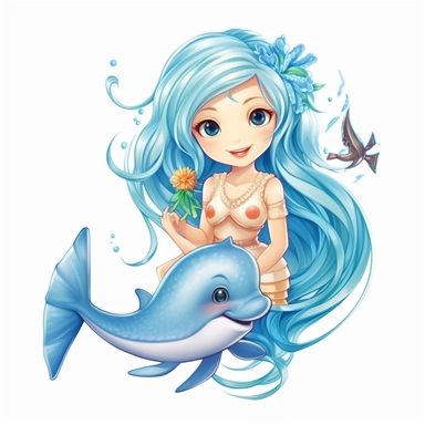 mermaid and dolphin clipart, cartoon style, white background