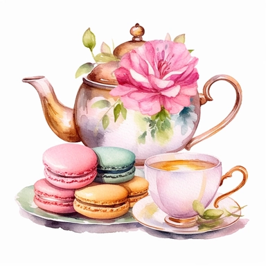 Clipart of set of teapot and cup set in the style of light gold and pink ,decorate with flower serving flowering tea, with a plate of macarons, Watercolor, pastels, clipart, beautiful, colourfull, png transparent white background, high resolution, watercolour, 8k, hyper-realistic, isolated on a white background. q4 s2.