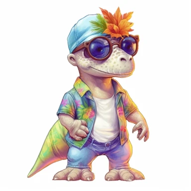 summer, cute Dinosaur wearing a Hawaiian shirt, cute pose, watercolor illustration for kids and children, clipart, sublimation, white background, brightly colored style, realistic color schemes, luminescent color scheme