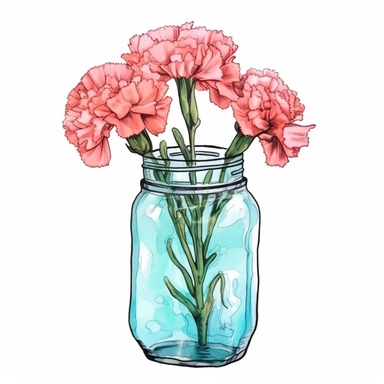 Carnation in a There is water in the jar vase. Clipart style by Lucy Fleming, watercolor, smooth gradients, black contour outline, ultra detailed, clipart elements, delicate pastel colors, solid white background, super clear, high quality