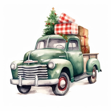 vector watercolor hyper realistic vintage classic dark green Christmas truck red hubcaps plaid giftwrap clipart on white background, Christmas truck with presents, photorealistic, realistic, detailed watercolor style, on white background