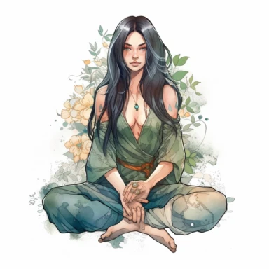 bohemian girl with long black hair, green eyes, sitting in lotus position , in the style of mucha, in the style of realistic watercolor, watercolor clipart on white background,die cut on white background, 8k, Job ID: 604300f4-6984-4a9a-aa16-00313a985d77 Seed: 1300855054 8k, ar 4:5