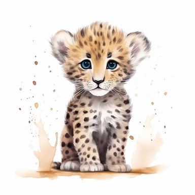 a whimsical baby leopard with kind eyes clipart with watercolor illustration,full body shot,8k,etsy style, white background