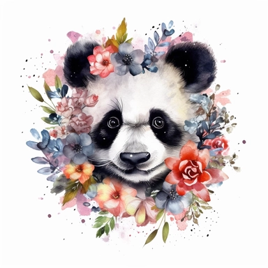 Nursery Print baby head panda flowers drawn in watercolor style, vector design, , Sublimation Clipart ,Cartoon,hyper realistic, intricate detail, illustration style,high solution,on the white background
