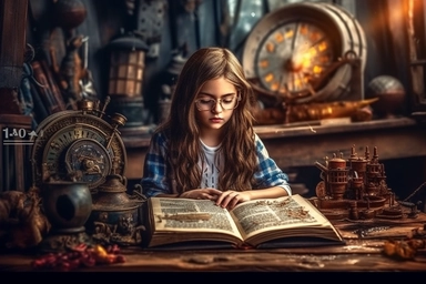 a cute ten-year-old cute girl is reading a book in the genre of combat marine fantasy, a watercolor clipart, Sharp focus + Close-up textures + Hyper-realistic textures, Color contrast, Precise details, Complexity, hdr. 8k