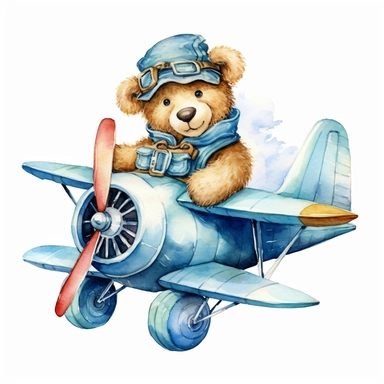 watercolor clipart white background moving living standing blue cartoon plane pilot bear birthday in toy plane flying