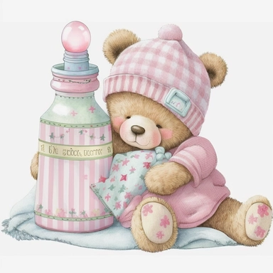 an ultra Cute little newborn baby teddy bear wearing pink traditional classic striped pyjamas and bedtime hat with a pink baby bottle of milk and a pink pacifier sitting on a pink fluffy rug, watercolour, cute,, bedtime, sleepy, dreamy, isolated on white background, nursery Clipart, Clipart
