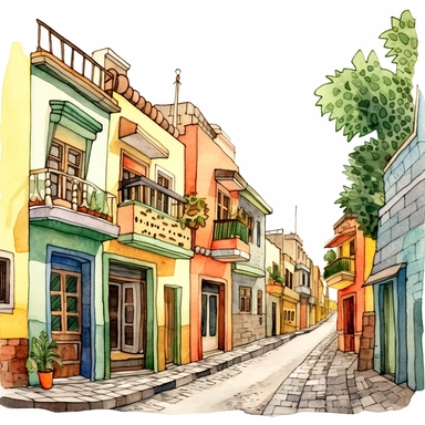 Very cute and Whimsical street of Buenos Aires, the city of color at argentina's capital, in the style of vernacular architecture, mexican folk art influence, danube school, light yellow and dark green, street scene, Watercolored illustration, clipart, white background