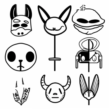 a set of black line clipart inspired by ramen and mutants and killer puppets and Funko Pop toys