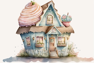 Very cute and Whimsical cupcake house, colorful, Watercolored illustration, clipart, white background