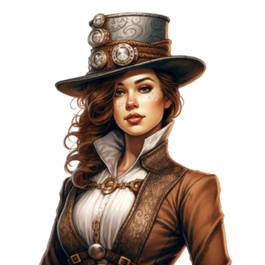 Solid white background. Waist-up illustration of a determined steampunk woman, her intense gaze and resolute smile reflecting her strong determination. Her alabaster skin and mahogany brown hair beautifully contrast her attire in shades of antique bronze and silver, a testament to Victorian elegance and steampunk aesthetics. Instead of a hat, she wears a sleek headband adorned with industrial motifs. The background lacks any steampunk elements. Pastel clipart, hyper-realistic, retro-futurism, so