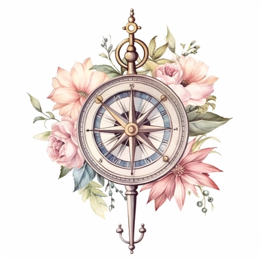 hand drawn , watercolor, hyper realistic, white background, white margins, 16k, ultra detailed clipart, cut out image, hand-drawn, ultra HD, sharp and clean art a vintage compass with delicate floral , capturing the romantic and feminine aesthetics often associated with vintage fashion and travel. light pink pastel