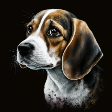 Watercolor clipart on a black background of a curious beagle puppy, with its floppy ears and inquisitive eyes