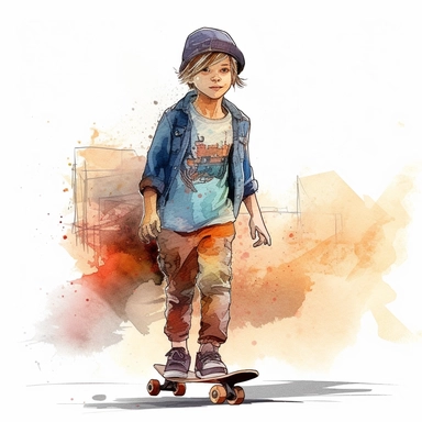 watercolor clipart realistic A boy wearing skater clothes and holding a skateboard