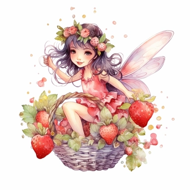hand drawn cute fairy flying with a basket of strawberries, with blossoms, coquette style, glamorous, watercolor, white background with margins, clipart style