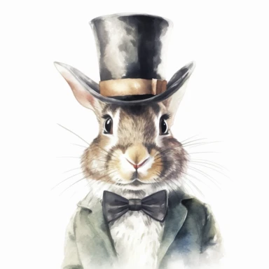 Cuddly Bunny Clipart wearing a stylish bow tie and top hat ready for a magic show in the style of oil painting, on a white background