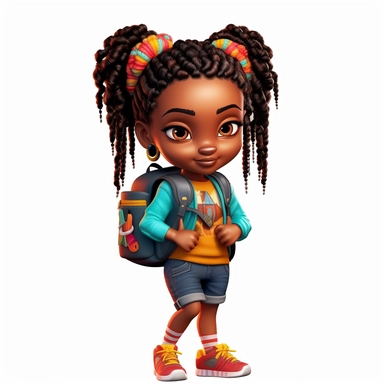 A black face chibi girl incarnate in a 3d colorful clothes, backpack, back to school motive, Black girl png, school fashion girl black clipart, Black girl Dreadlock png, black magic girl