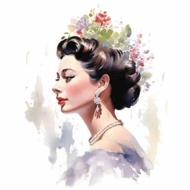 An enchanting portrait of Princess Margaret, known for her beauty and glamorous lifestyle, Clipart, watercolor, white background, intricate detail
