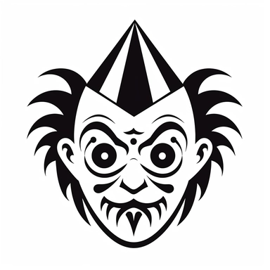 black and white silhouette of a halloween clown logo, clipart style, white background, thick lines, vector, simple design, flat colour, solid colour, halloweencore