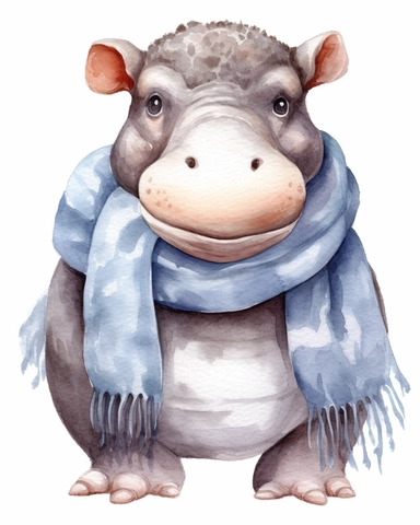 detailed watercolor Baby Hippopotamus with scarf , realistic, isolated on a white background, clipart