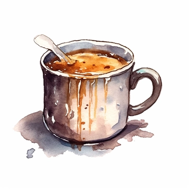 a Coffee cup with a nice froth design in the style of watercolour clipart with detailed brush strokes