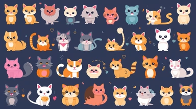 cats vector clipart vector cats cute animal collection, in the style of #screenshotsaturday, flat areas of color, flat color blocks, 1970–present, rough-edged 2d animation, lightbox, colorful animation stills