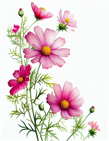 detailed vibrant watercolor pink cosmos side corner border , isolated on white background, realistic, clipart