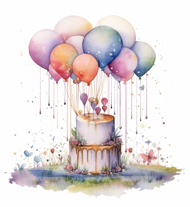 cake, balloons, and cake clipart, in the style of stephanie pui-mun law, drippy paint splatters, helen allingham, instax, joyful celebration of nature, ink-washed, festive atmosphere