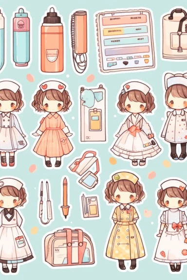 Stickers, Clipart, Full body display, Knolling layout, cute Nurse themed, accessories neatly placed in equal proportion, larger spacing, 10 to 15 objects, pocket sticker, stationery set, vector stickers, high detail, charater sheet, Planner Stickers, Bright Colors, Hand Drawn Artwork, Watercolor Design, single design, 8k, white background, appropriate blank