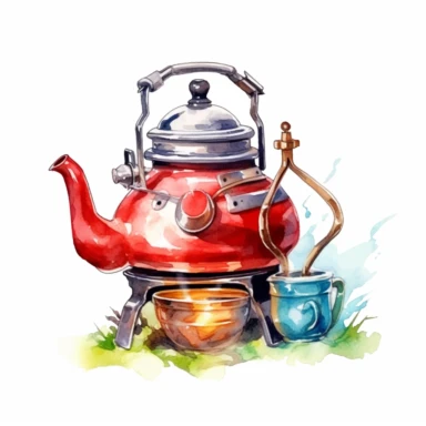 Camping kettle logo watercolor,simple Watercolor, hyper realistic, white background, white margins, 16k, ultra detailed clipart, cut out image, hand - drawn, whimsical manhwa style, ultra HD, sharp and clean art