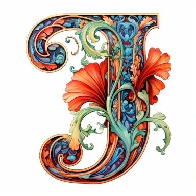 Art Nouveau, colorful, letter J, clipart, white background