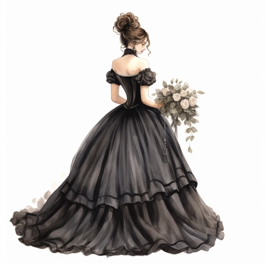 create a lady in a elegant victorian black Wedding dress clipart,black color, victorian wedding themed, no shadow,8k, f1, watercolor illustration by katie daisy style, single design, PNG transparent background, white background for removing background - - no text shadow font watermark