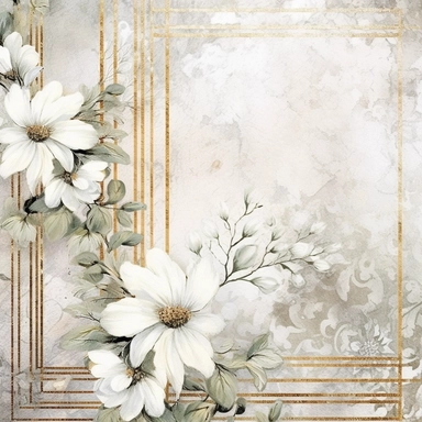 scrapbook paper template, intricate three small bouquets of white floral watercolor clipart on the borders on paper, luxurious textures, nature-inspired pieces, very high resolution