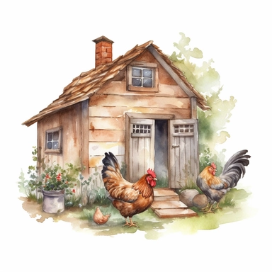 watercolor chicken house with small chicken standing outside clipart white background