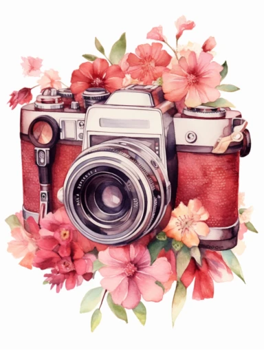 a watercolor vintage camera 1 photo lens only, profil view, surrounded by an intricate arrangement of dramatic extravagant ultra realistic digital 3D giant red burgundy tiare flowers, in the style of large-scale photography, lush detailing, watercolor style, pastel colors, photorealistic, playfully intricate, made of flowers, bloomcore, 8K, clipart, clear background