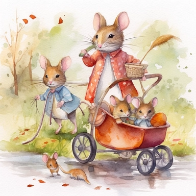 a mouse mom pushing a baby mice on a stroller on a park, clipart, watercolor, family, detailed, hd