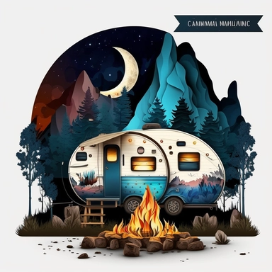 Camping by Night and Camping Trailer Clipart, Hiking family, Camping Bundle PNG, Moon light, Fireplace, Tent, Campers, Forest, white background with margins + 2D