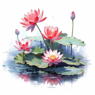 lotus flowers with red blossoms floating on the water artistic watercolor with a delicate touch with shadow gradation white background clipart high quality 8k hyper detailed