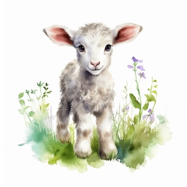 cute, baby lamb on grass, vector illustration, watercolor, clipart, detailed, white background